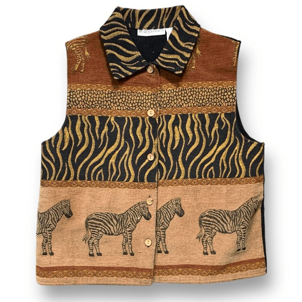 Vintage Dressbarn Zebra Print Safari Animal Tapestry Vest Small Boho Eclectic